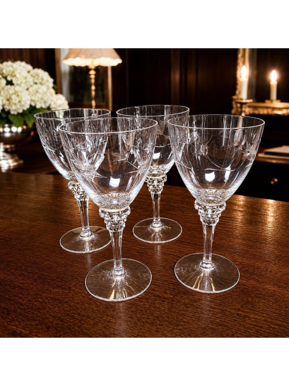 4 Etched Stemware Tiffin Rose Marie Wine Nearly 7 inch Mid Century Stemware | El - Picture 5 of 8